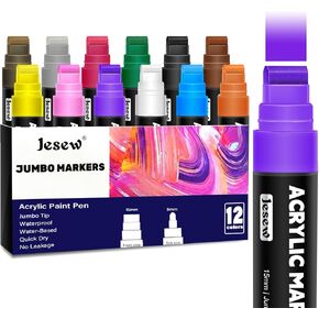Acrylic Paint Markers, 12 Colors Jumbo Markers, 15mm Jumbo Felt Tip, Waterproof and Permanent Ink Paint Pens for Rock Painting, Stone, Ceramic, Glass, Wood, Canvas, Poster, Signs