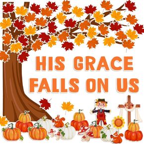 Konsait 89PCS His Grace Falls on Us Christian Bulletin Board Sets, Big Tree Pumpkins Religious Fall Bulletin Board Decorations, Christian Fall Bulletin Board for Church Sunday School Classroom Office