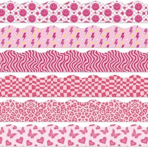82ft Preppy Pink Bulletin Board Borders,Cute Pink Scalloped Self-Adhesive Trim Border Smiley Face Butterfly Checkered for Classroom Home and Office Preppy Decorations,72Pcs