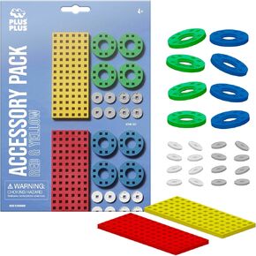 PLUS PLUS Accessory Pack, 2 Baseplates, 8 Wheels, Car Plane Train Building Pieces, Stem Construction Parts for Kids - Red & Yellow