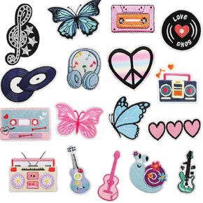 17Pcs Music Iron on Patches Guitar CD Sew on Embroidered Applique Patches Embroidery Repair Decoractive Patches DIY Crafts Sewing Patches Decorations for Clothes Hats Jackets Jeans Backpacks