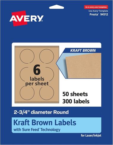 Avery Kraft Brown Round Labels with Sure Feed, 2.75" Diameter, 90 Kraft Brown Labels, Print-to-The-Edge, Laser/Inkjet Printable Labels in Saudi Arabia