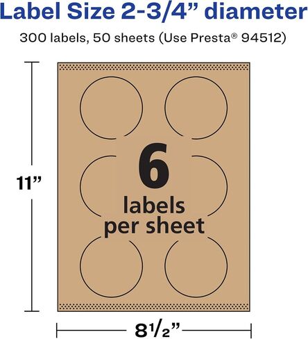 Avery Kraft Brown Round Labels with Sure Feed, 2.75" Diameter, 90 Kraft Brown Labels, Print-to-The-Edge, Laser/Inkjet Printable Labels in Saudi Arabia
