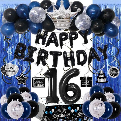 15th Birthday Decorations for Boys, Blue Black Happy 15th Birthday Decorations Boy 15 Year Old Birthday Balloons Banner, Tablecloth, Fringe Curtains Hanging Swirls Sweet 15 Bday Party Decor for Girls in Kuwait