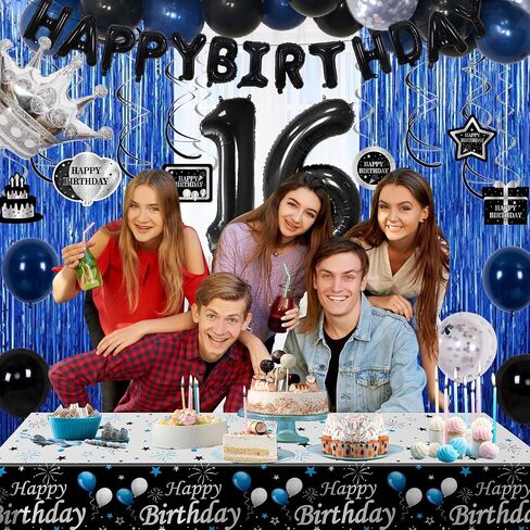 15th Birthday Decorations for Boys, Blue Black Happy 15th Birthday Decorations Boy 15 Year Old Birthday Balloons Banner, Tablecloth, Fringe Curtains Hanging Swirls Sweet 15 Bday Party Decor for Girls in Kuwait