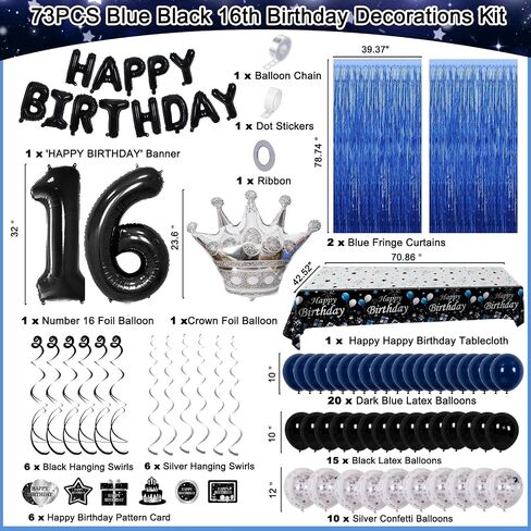 15th Birthday Decorations for Boys, Blue Black Happy 15th Birthday Decorations Boy 15 Year Old Birthday Balloons Banner, Tablecloth, Fringe Curtains Hanging Swirls Sweet 15 Bday Party Decor for Girls in Kuwait