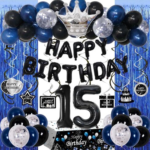 15th Birthday Decorations for Boys, Blue Black Happy 15th Birthday Decorations Boy 15 Year Old Birthday Balloons Banner, Tablecloth, Fringe Curtains Hanging Swirls Sweet 15 Bday Party Decor for Girls in Kuwait