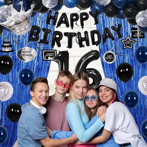 15th Birthday Decorations for Boys, Blue Black Happy 15th Birthday Decorations Boy 15 Year Old Birthday Balloons Banner, Tablecloth, Fringe Curtains Hanging Swirls Sweet 15 Bday Party Decor for Girls in Kuwait