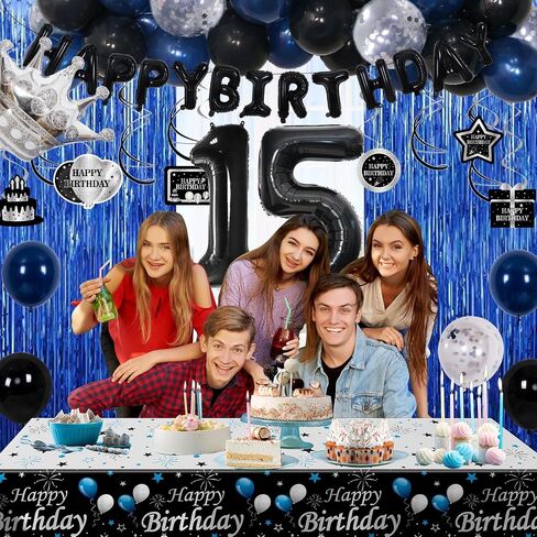 15th Birthday Decorations for Boys, Blue Black Happy 15th Birthday Decorations Boy 15 Year Old Birthday Balloons Banner, Tablecloth, Fringe Curtains Hanging Swirls Sweet 15 Bday Party Decor for Girls in Kuwait