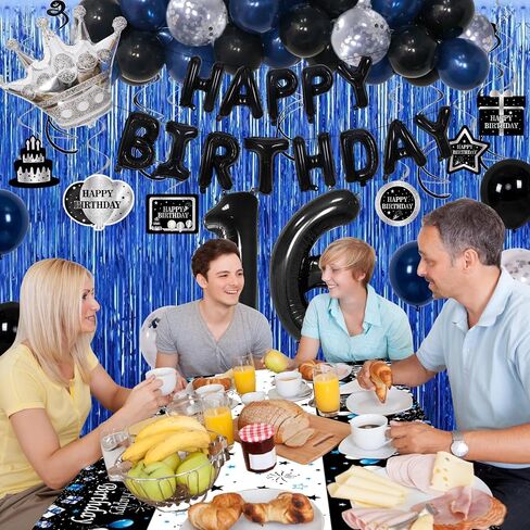 15th Birthday Decorations for Boys, Blue Black Happy 15th Birthday Decorations Boy 15 Year Old Birthday Balloons Banner, Tablecloth, Fringe Curtains Hanging Swirls Sweet 15 Bday Party Decor for Girls in Kuwait