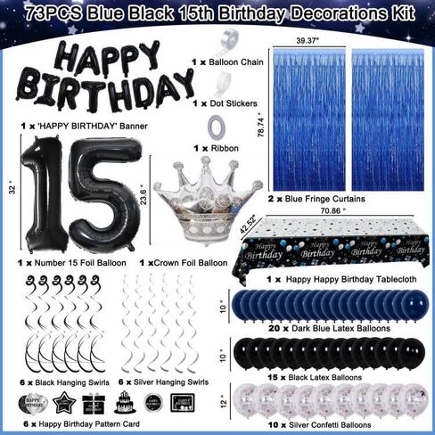 15th Birthday Decorations for Boys, Blue Black Happy 15th Birthday Decorations Boy 15 Year Old Birthday Balloons Banner, Tablecloth, Fringe Curtains Hanging Swirls Sweet 15 Bday Party Decor for Girls in Kuwait