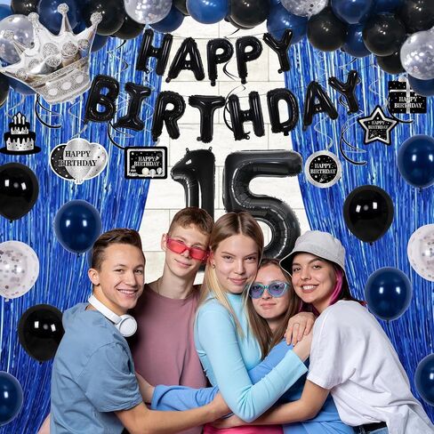 15th Birthday Decorations for Boys, Blue Black Happy 15th Birthday Decorations Boy 15 Year Old Birthday Balloons Banner, Tablecloth, Fringe Curtains Hanging Swirls Sweet 15 Bday Party Decor for Girls in Kuwait