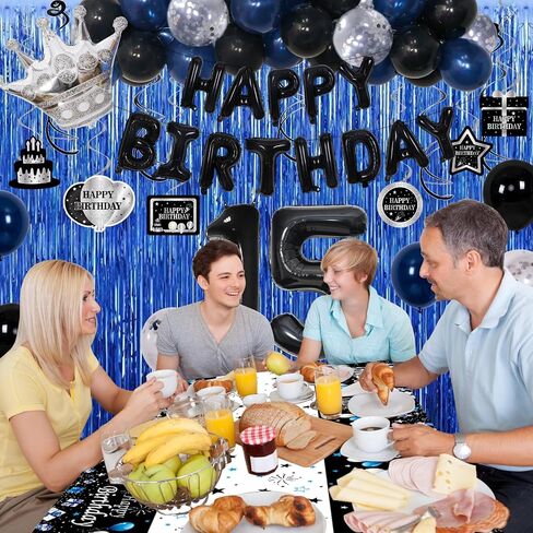 15th Birthday Decorations for Boys, Blue Black Happy 15th Birthday Decorations Boy 15 Year Old Birthday Balloons Banner, Tablecloth, Fringe Curtains Hanging Swirls Sweet 15 Bday Party Decor for Girls in Kuwait