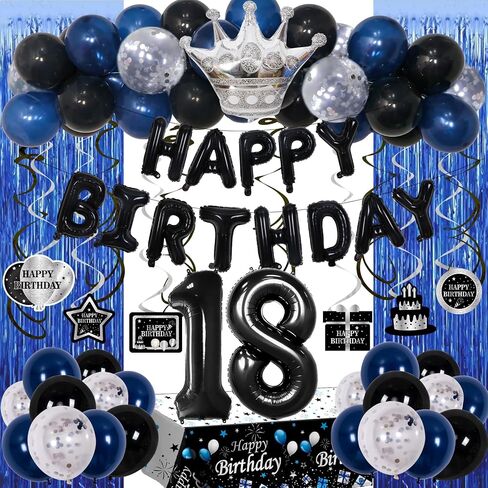 15th Birthday Decorations for Boys, Blue Black Happy 15th Birthday Decorations Boy 15 Year Old Birthday Balloons Banner, Tablecloth, Fringe Curtains Hanging Swirls Sweet 15 Bday Party Decor for Girls in Kuwait