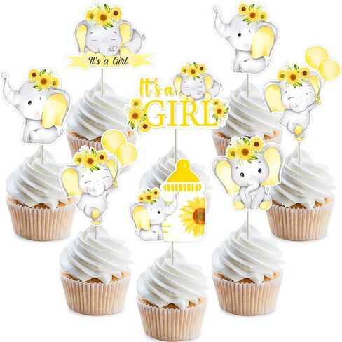 Jollyboom Elephant Dust Baby Dream ، 36pcs Sunflower Dust Dream Decorations إنها فتاة كب كيك تتولى طباعة على الوجهين لفتاة الفيل in Kuwait