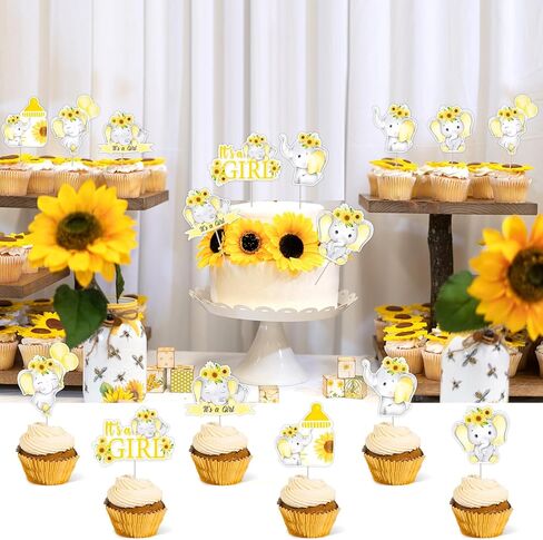 Jollyboom Elephant Dust Baby Dream ، 36pcs Sunflower Dust Dream Decorations إنها فتاة كب كيك تتولى طباعة على الوجهين لفتاة الفيل in Kuwait