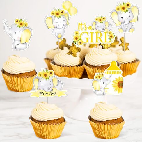 Jollyboom Elephant Dust Baby Dream ، 36pcs Sunflower Dust Dream Decorations إنها فتاة كب كيك تتولى طباعة على الوجهين لفتاة الفيل in Kuwait