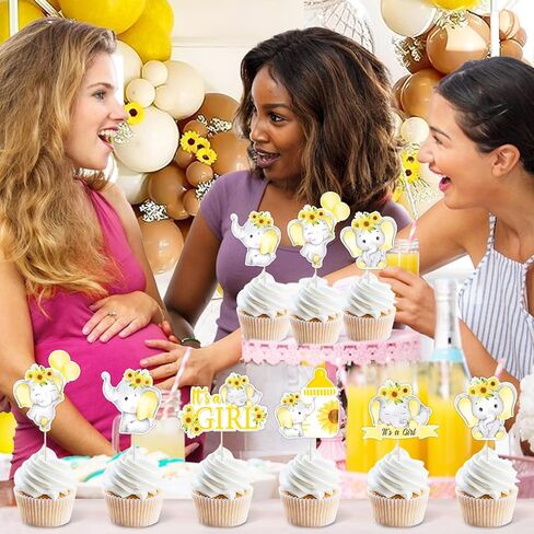 Jollyboom Elephant Dust Baby Dream ، 36pcs Sunflower Dust Dream Decorations إنها فتاة كب كيك تتولى طباعة على الوجهين لفتاة الفيل in Kuwait