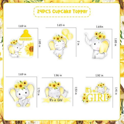 Jollyboom Elephant Dust Baby Dream ، 36pcs Sunflower Dust Dream Decorations إنها فتاة كب كيك تتولى طباعة على الوجهين لفتاة الفيل in Kuwait