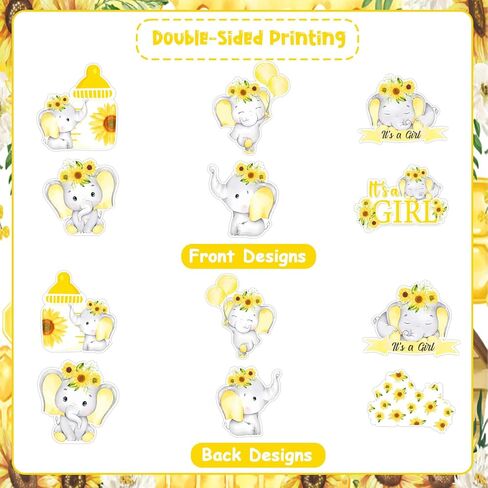 Jollyboom Elephant Dust Baby Dream ، 36pcs Sunflower Dust Dream Decorations إنها فتاة كب كيك تتولى طباعة على الوجهين لفتاة الفيل in Kuwait