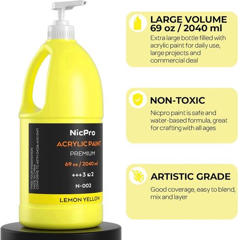 Nicpro Black Large Acrylic Paint Set (69 oz, 2040 ml) Rich Art Painting Supplies Non Toxic for Multi Surface, Canvas, Wood, Leather, Fabric Stone Craft, for Kid & Adult with Pump in Kuwait