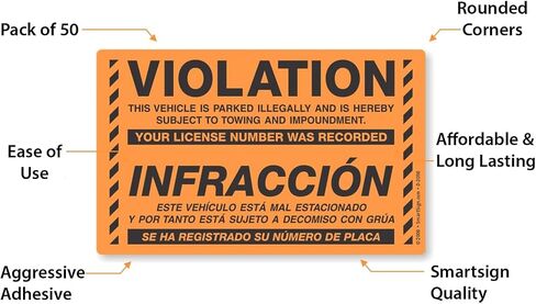 SmartSign Bilingual Parking Violation Stickers | Pack of 50 Labels with Permanent Adhesive, 5 x 8 inch, Vehicle Illegally Parked Sticker, Hard to Remove Write-On Tickets, Fluorescent Orange in Saudi Arabia