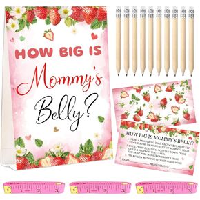 WNINK Guess Baby Shower Games Set – How Big is Mommy's Belly Sign, 64 Pcs Measure Bump Game with 50 Guessing Cards, 10 Pencils, and 3 Measuring Tapes for Baby Shower Gender Reveal Party (Strawberry)