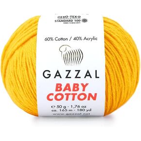 1 حزمة (Skein) Gazzal Baby Cotton ، 60 ٪ من القطن 40 ٪ من الأكريليك ، كل كرة 1.76 أوقية (50g) / 180 ياردة (165 مترًا) ، Dk- الصوّل ، خيوط الحياكة ، خيوط Amigurumi ، خيوط الطفل ، 3417