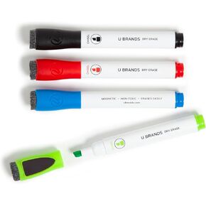 U Brands Fine Tip Dry Erase Markers with Eraser, Whiteboard Markers with Chisel tip, Low Odor, Assorted Colors, Set of 4
