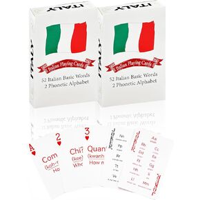 2 Pack Italian Playing Cards, Italian Card Game, Italian Travel Flashcards [52 Italian Vocabulary & 2 Phonetic Symbols]