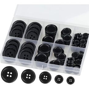 100Pcs Black Sewing Buttons,4-Hole Craft Buttons,5Sizes,with Compartment Storage Box,Suitable for Sewing,Suit Coat Shirt Buttons,DIY Decoration (Black)
