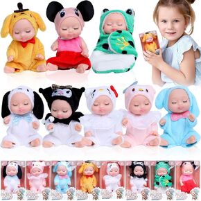 8 Pcs Mini Baby Dolls - 4.5 Inch Cute Realistic Toy Dolls Set with Handmade Animal Clothing Baby Doll Giftbox Gifts for Girls Boys Birthday Easter Valentine