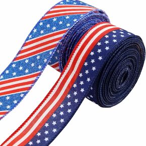 2 Rolls Patriotic Wired Edge Ribbon，Red White and Blue Ribbon Patriotic Star and Striped Wired Ribbon ，for Wrapping Crafts Decoration Independence Day ，1.6 inch Width (Blue,Red,White)