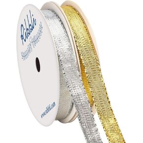 Ribbli 2 Rolls Metallic Glitter Ribbon,Gold Ribbon Silver Ribbon, 3/8 Inch Total 20 Yards, Use for Christmas Gift Wrapping, Christmas Craft and Decoration, Gold/Silver