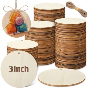 Suzile 200 Pcs Unfinished Wood Circles for Crafts Round Wooden Discs Round Wood Circles with Holes Blank Round Wood Tags for DIY Christmas Home Decor Painting Door Hanger Design (3 Inch)