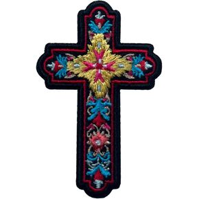 Flower Cross Patch, Size 3" Sew On Patches, Cross Embroidery Fabric Patches for Clothes Jean Backpack, Jesus Applique Patches, Embroidery Iron On Patch for Clothes, Gothic Gift for Christian