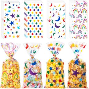 GOMANCHE 100 Pcs Cellophane Treat Bags, Rainbows Stars Dots Moon Goodie Bags Party Favor Candy Bags with 100 Twist Ties for Pride Day Kids School Lunches Baby Shower Birthday Party Supplies