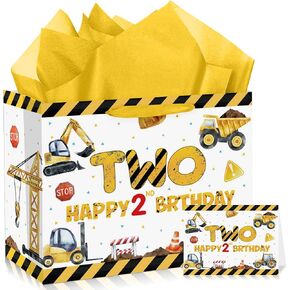 Construction 2nd Birthday Gift Bag for Boys Large Dump Truck Two Birthday Party Favor Bags with Tissue Paper and Card Construction Two Year Old Wrapping Paper Goodie Candy Treat Gift Bag for Boys Kids