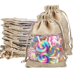 Shappy 50 Pieces 5 x 7 Inch Linen Organza Burlap Bags with Drawstring Gift Bags for Wedding Party Favors (Flaxen)(Flaxen)