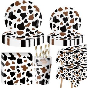 Cow Print Birthday Party Supplies, Cow Party Tableware Complete Pack 102PCS Serves 20 Including Black Brown Cow Print Party Plates,Cups, Napkins ,Straws ,2PCS Tablecloth for Cow Birthday Baby Shower