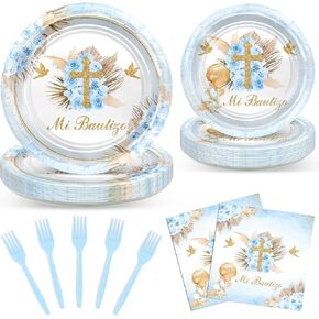 Avezano 96 PCS Decorations POTISM FOR BOYS Blue Mi Bautizo Plates Napkins Forks Tabledar
