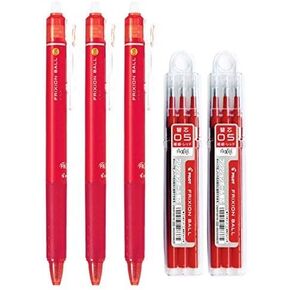 Pilot FriXion Ball Knock Retractable Erasable Gel Ink Pens, Extra Fine Point 0.5mm, Red Ink, 3 Pens & 6 Refills Value Set