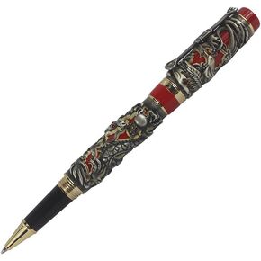 Jinhao Rollerball Pen Dragon/Loong & Phoenix Antique Silver and Red Screw Cap