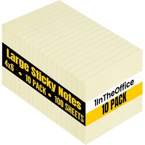 1InTheOffice Large Sticky Notes, Lined Sticky Notes 4x6, Yellow Note Pads, Self-Stick Strong Adhesive Memo Pads, 100-Sheet, (10/Pack)