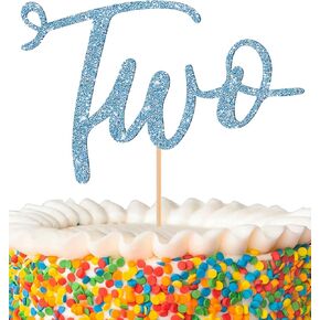 Two Cake Topper - Glitter Golden 2nd Birthday Cake Decorating Supplies, Perfect for Two Years Old Party or 2nd Anniversary (Sky Blue)