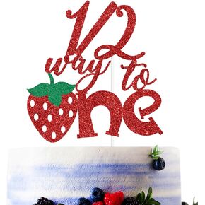 Red Glitter 1/2 Way to One Cake Topper, Strawberry Happy 1/2 Birthday/Strawberry Sweet 6 Months, Funny Berry Themed Baby's 6 Months Birthday Party Decorations for Baby