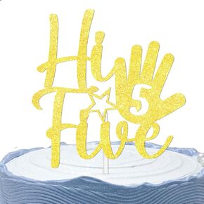 Gold Glitter Cake Topper Cheer to Hi Five Theme Decor Supplies Baby Shower Boys Girls Happy 5th Years Old Birthday Wedding Party Decorations