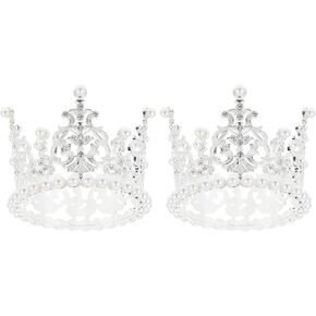 Amosfun 2pcs Mini Crown Cake Topper Pearl Rhinestone Queen Princess Tiara Crown for Birthday Wedding Party Cake Decorations Supplies (Silver)