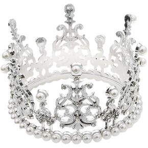 Women Girls Retro Man-made Pearl Crown Bride Tiara Cake Topper Decoration for Women Lady Girl Bridal King Princess Costume Party Birthday Wedding Pageant Silver