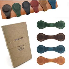 4PCS Magnetic Bookmarks Magnetic Leather Bookmarks Vintage Book Mark Genuine Leather Magnetic Page Markers with Gift Box(Peacock Green+Light Brown+Blue+Coffee, 4-Pack)